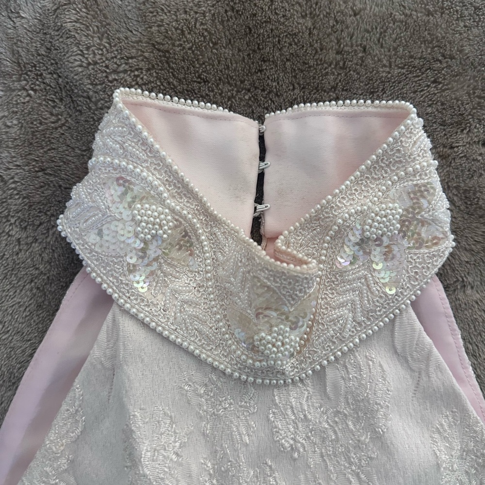 White cream embroidered beaded pearl mock neck top